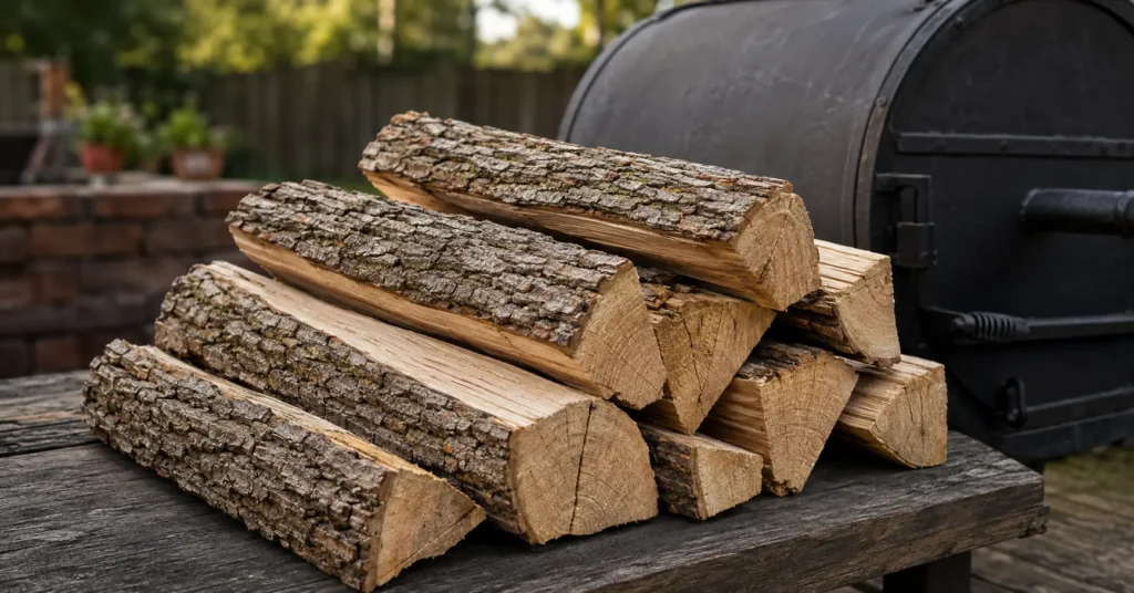 Seasoned oak wood splits used for offset smoker cooking
