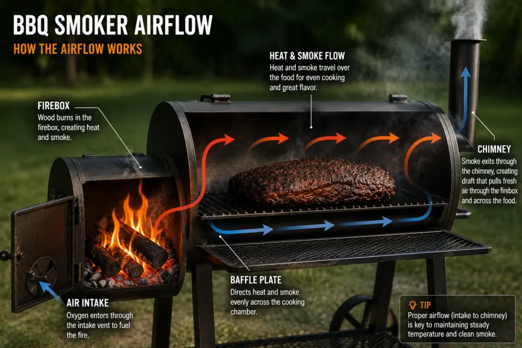 Heat and smoke airflow inside an offset smoker