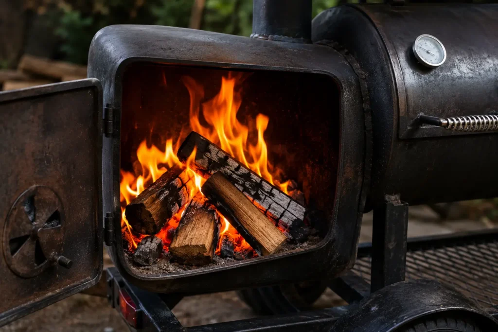 Clean burning fire inside offset smoker firebox