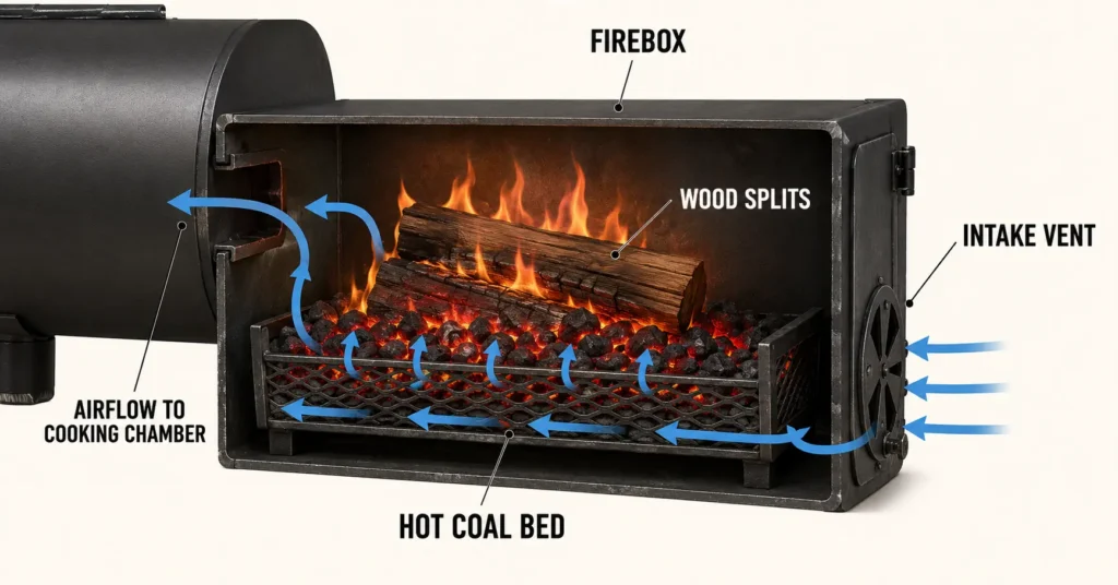 Offset smoker firebox showing airflow for mesquite wood