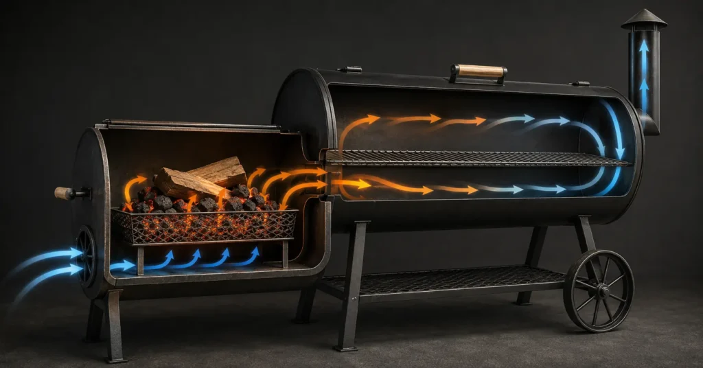 Diagram showing airflow path through firebox intake vent into charcoal basket