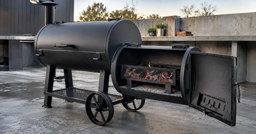 Offset smoker firebox basket holding burning charcoal and wood splits