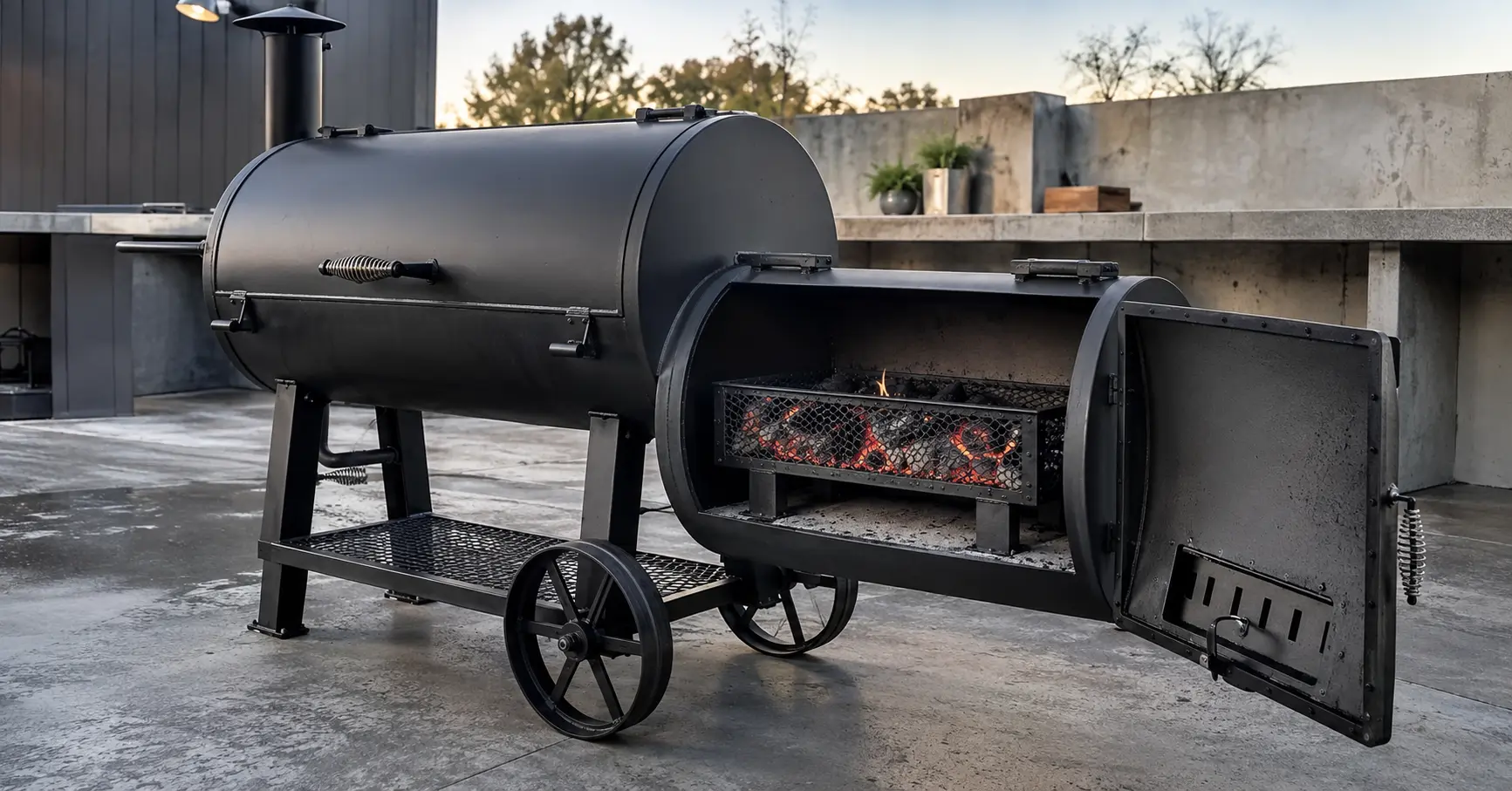 Offset smoker firebox basket holding burning charcoal and wood splits
