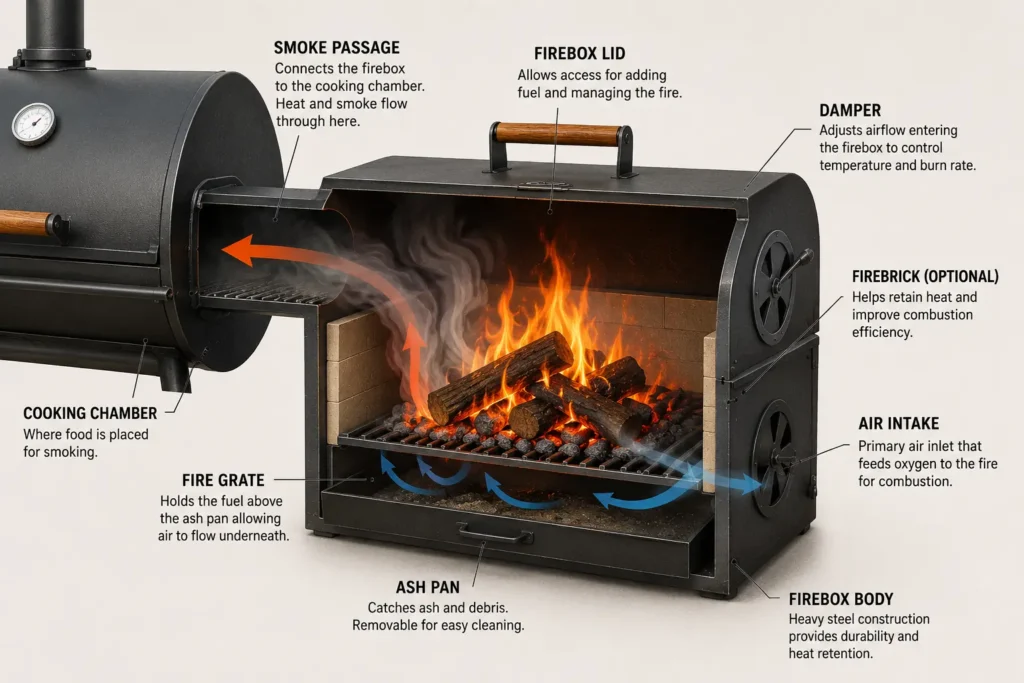 Diagram showing firebox and cooking chamber of an offset smoker