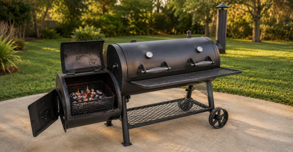 Lit charcoal and hickory wood in offset smoker firebox