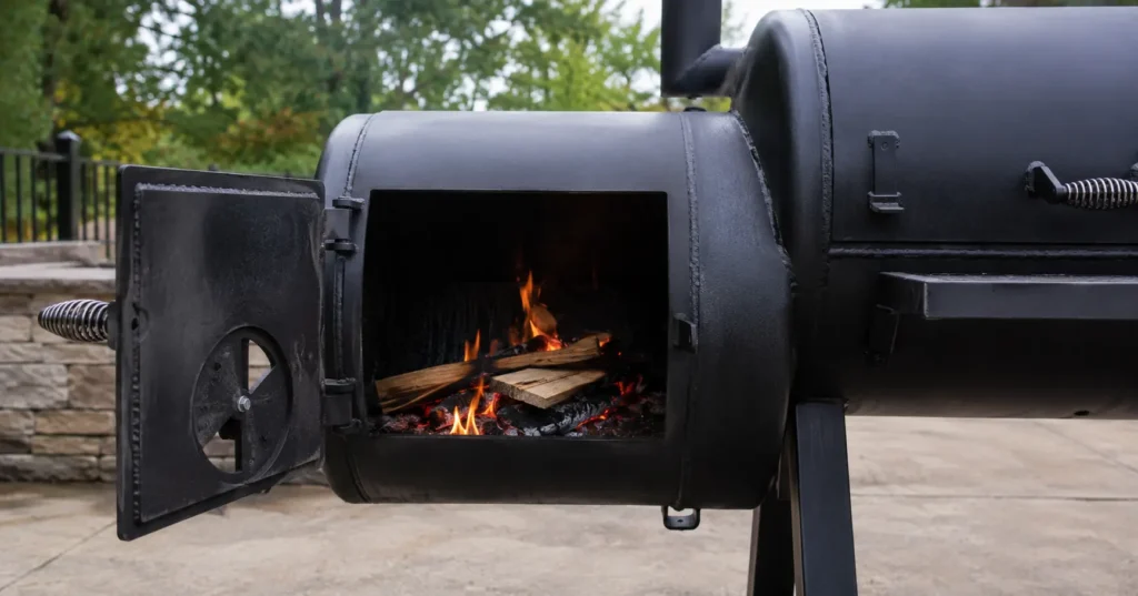Side view of offset smoker showing firebox and cooking chamber