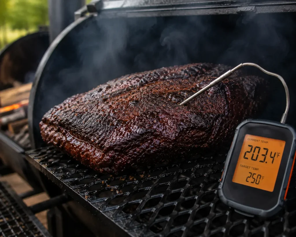 Thermometer probe checking meat temperature inside an offset smoker