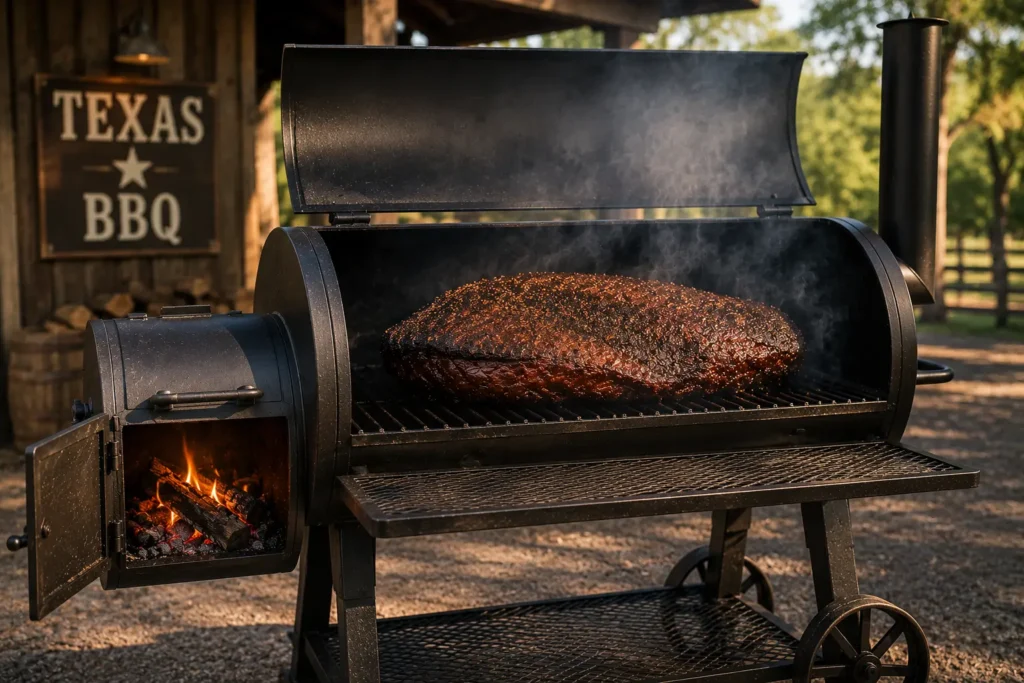 Offset smoker cooking Texas-style brisket with wood smoke"
