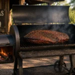 Offset smoker cooking Texas-style brisket with wood smoke"