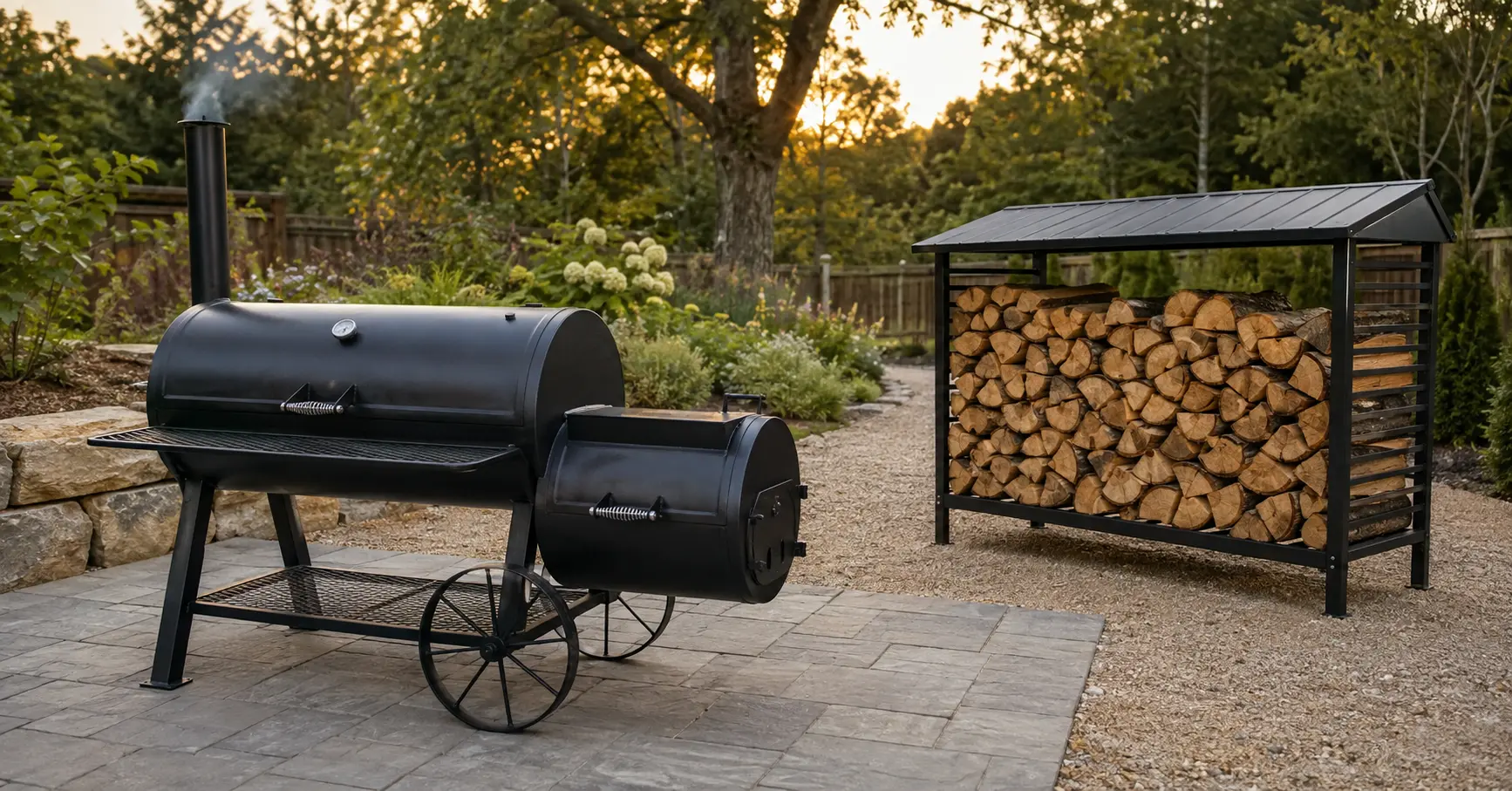 "A well-organized offset smoker wood rack holding seasoned hardwood splits for barbecue."