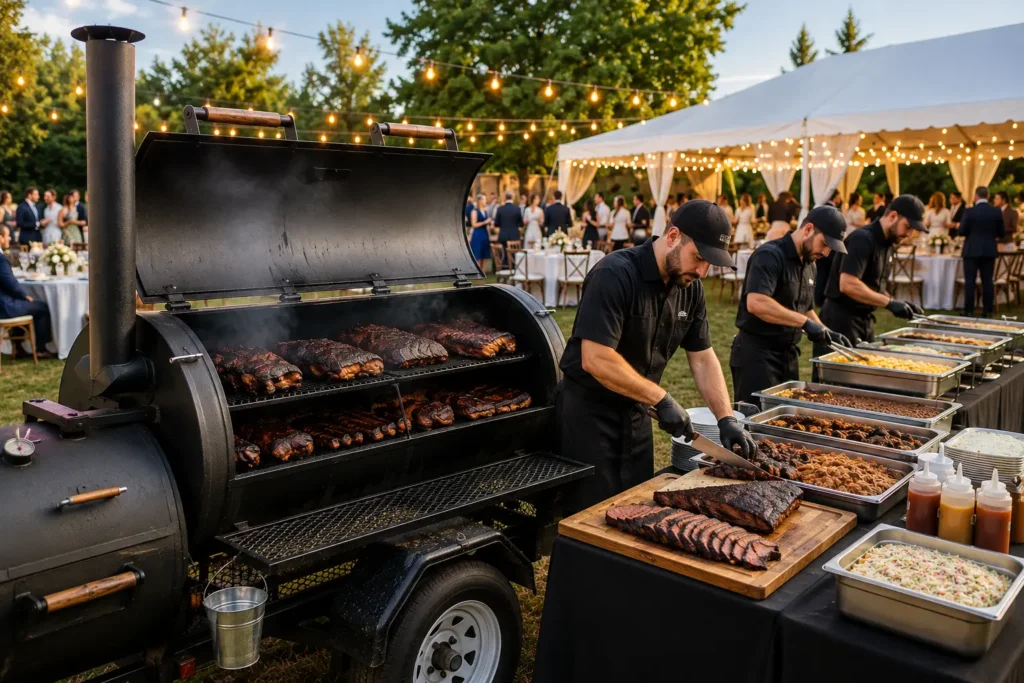 Offset smoker set up at a large outdoor catering event