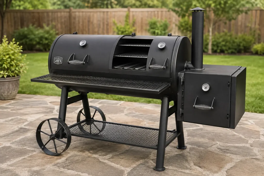 Oklahoma Joes Highland reverse flow offset smoker with firebox and chimney