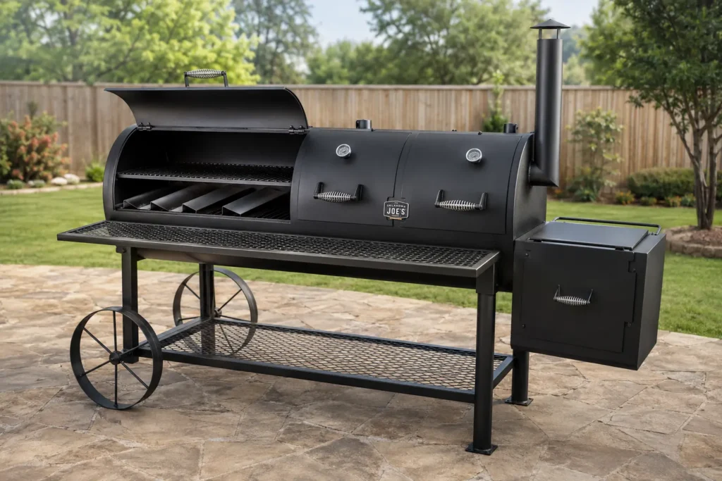 Oklahoma Joes Longhorn reverse flow smoker with open firebox
