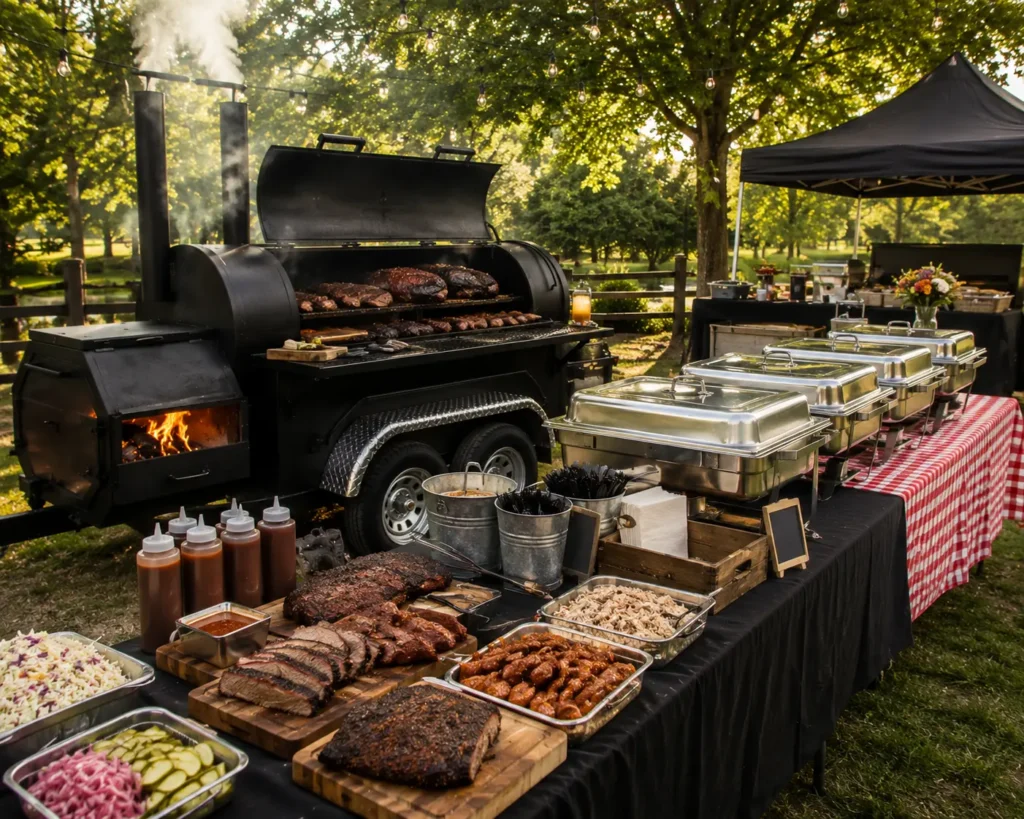 Offset smoker positioned and set up at an outdoor catering venue