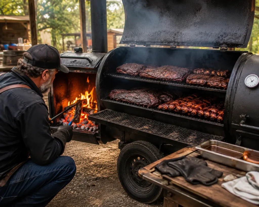 Pitmaster adjusting fire and airflow on a catering offset smoker