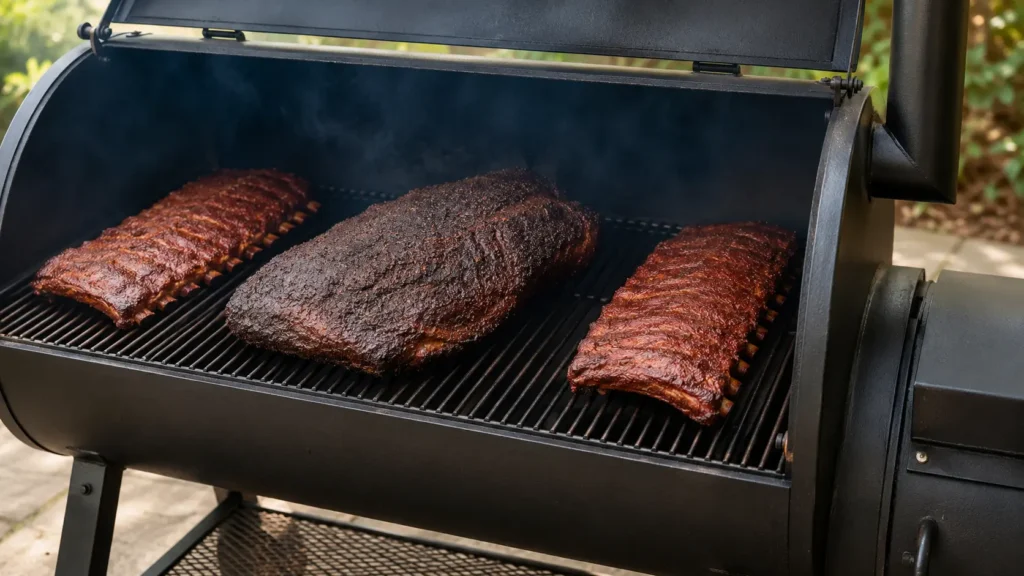 Smoked beef brisket and pork shoulder placed on reverse flow offset smoker cooking grates