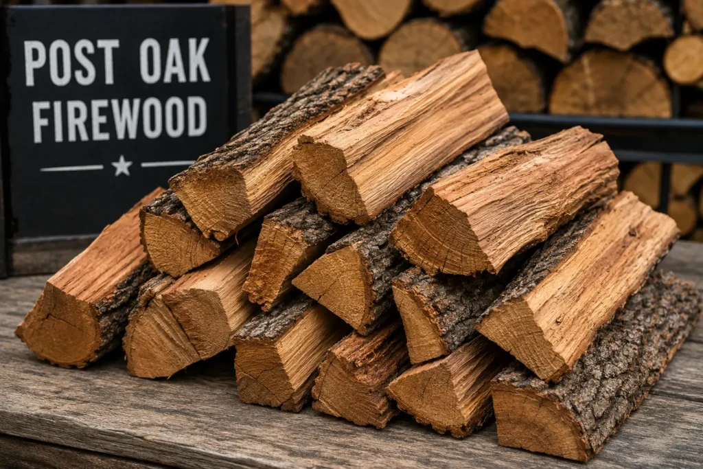 Post oak wood splits used for Texas brisket smoking"