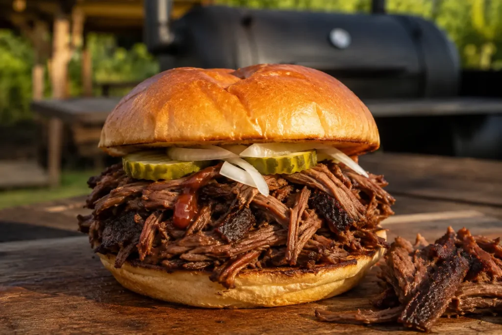 Juicy pulled smoked chuck roast shredded on a plate with cooking juices