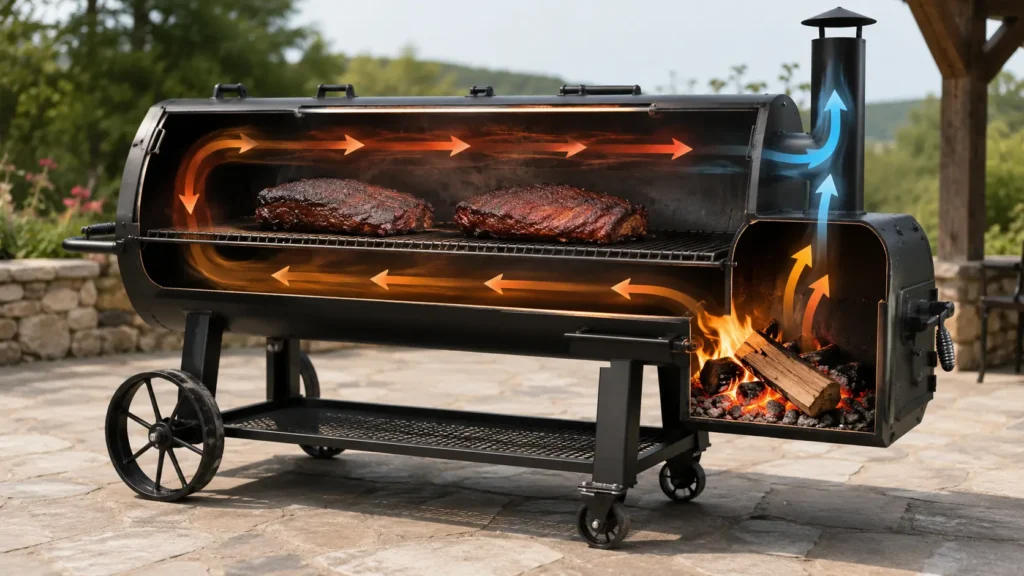 Reverse flow offset smoker with firebox and baffle plate