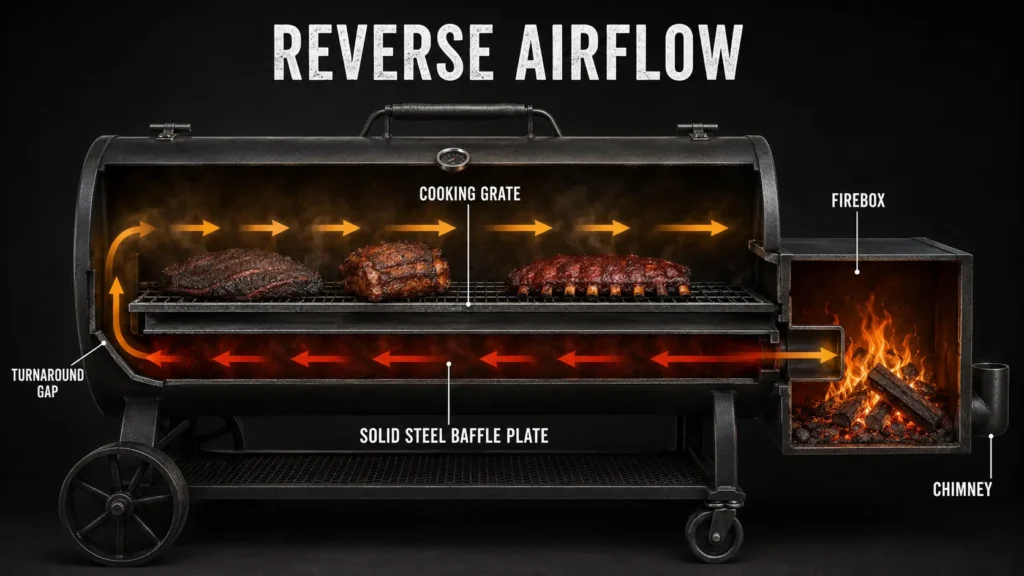 Diagram showing heat and smoke airflow inside a reverse flow offset smoker