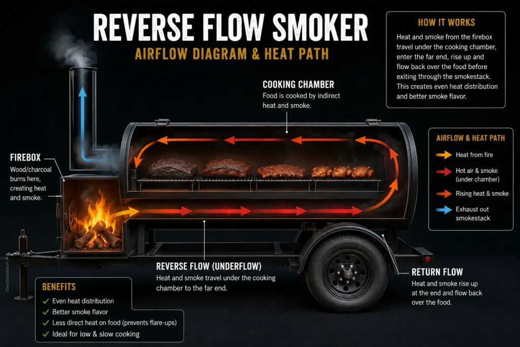 Diagram showing heat and smoke airflow inside a reverse flow offset smoker