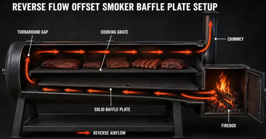 Reverse flow offset smoker internal baffle plate directing heat and smoke