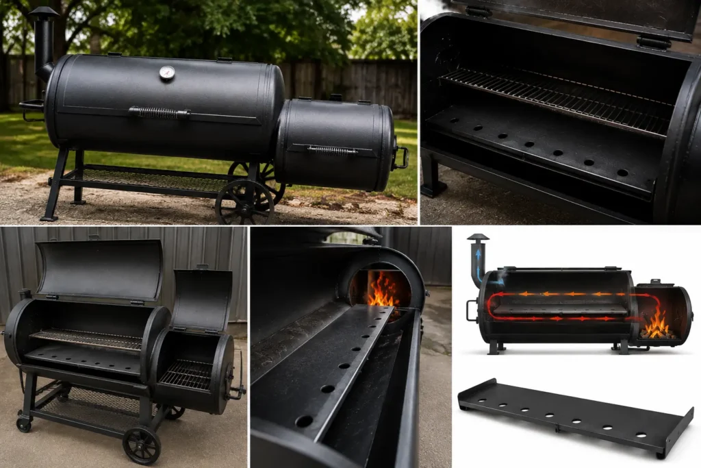 Steel baffle plate installed inside a reverse flow offset smoker chamber