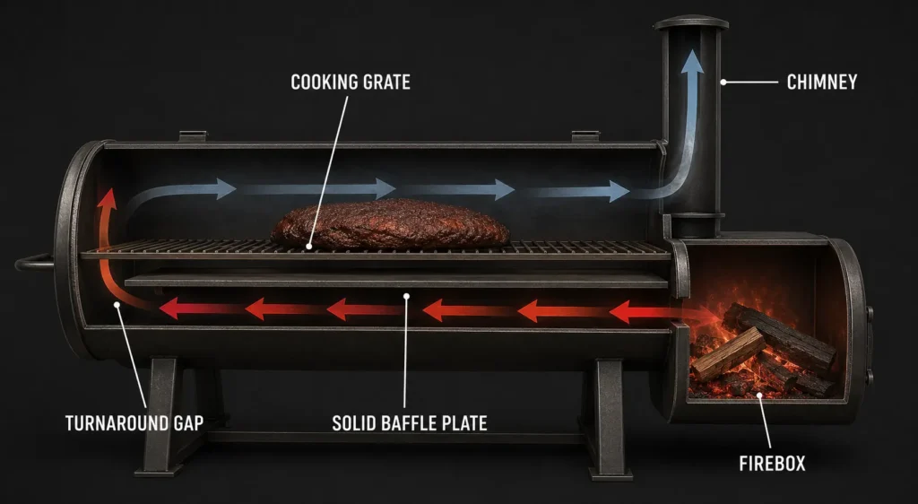 Diagram showing heat and airflow path inside a reverse flow offset smoker