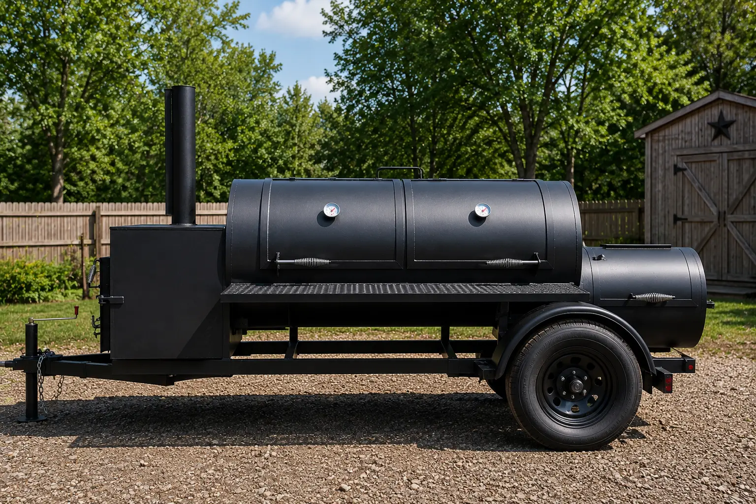 A complete reverse flow offset smoker setup for outdoor BBQ cooking