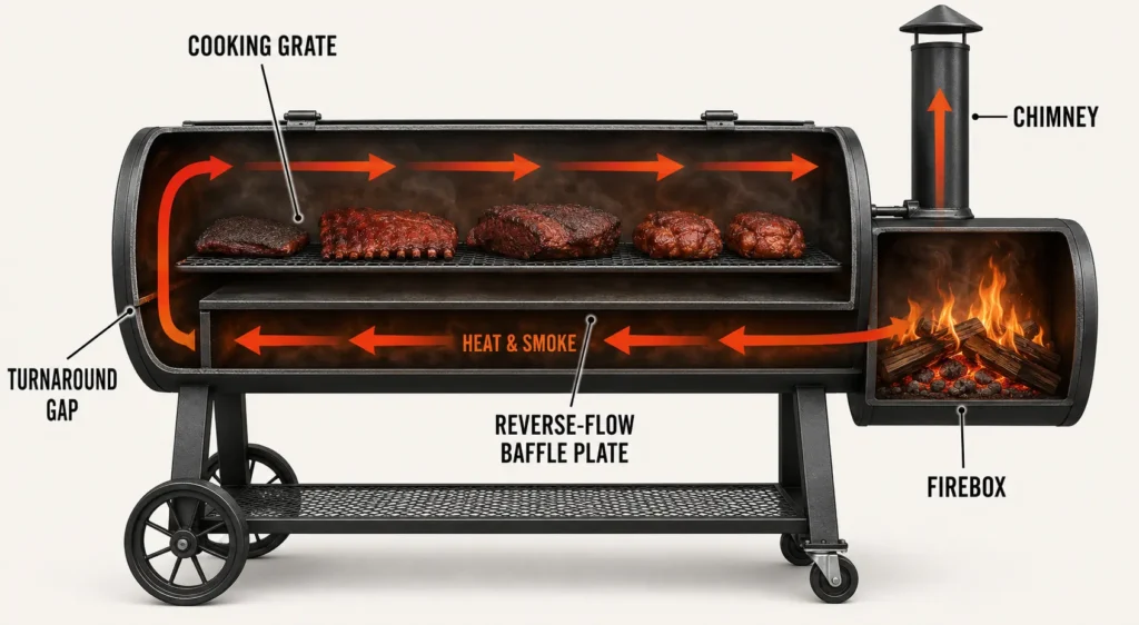 Diagram showing airflow path in a reverse flow offset smoker