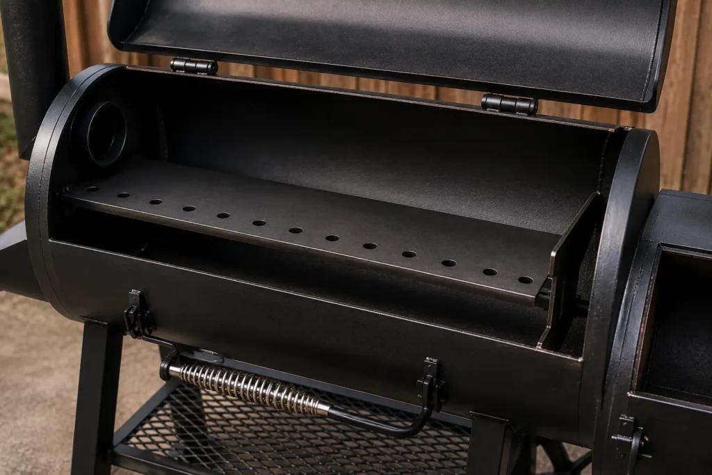Reverse flow smoker showing baffle plate design