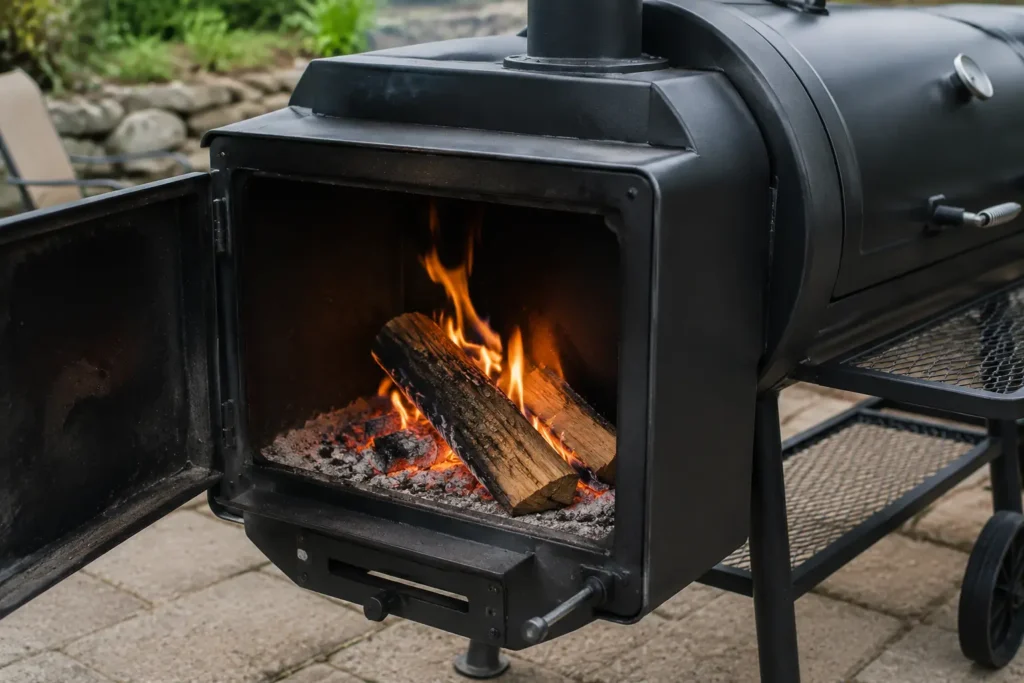 Clean burning wood fire inside reverse flow offset smoker firebox