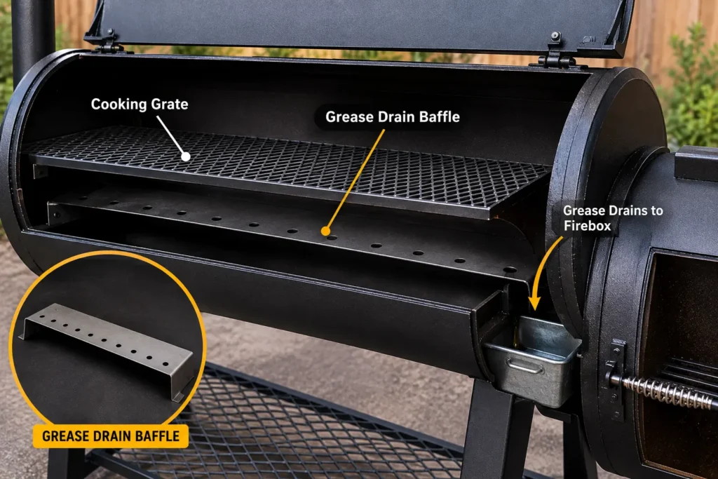 Grease drainage system in reverse flow smoker