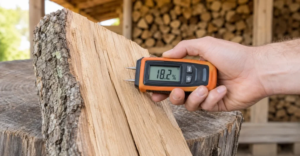 Testing seasoned hardwood with a moisture meter before smoking meat