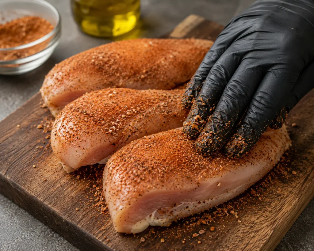 Raw chicken breast coated with BBQ seasoning rub before smoking