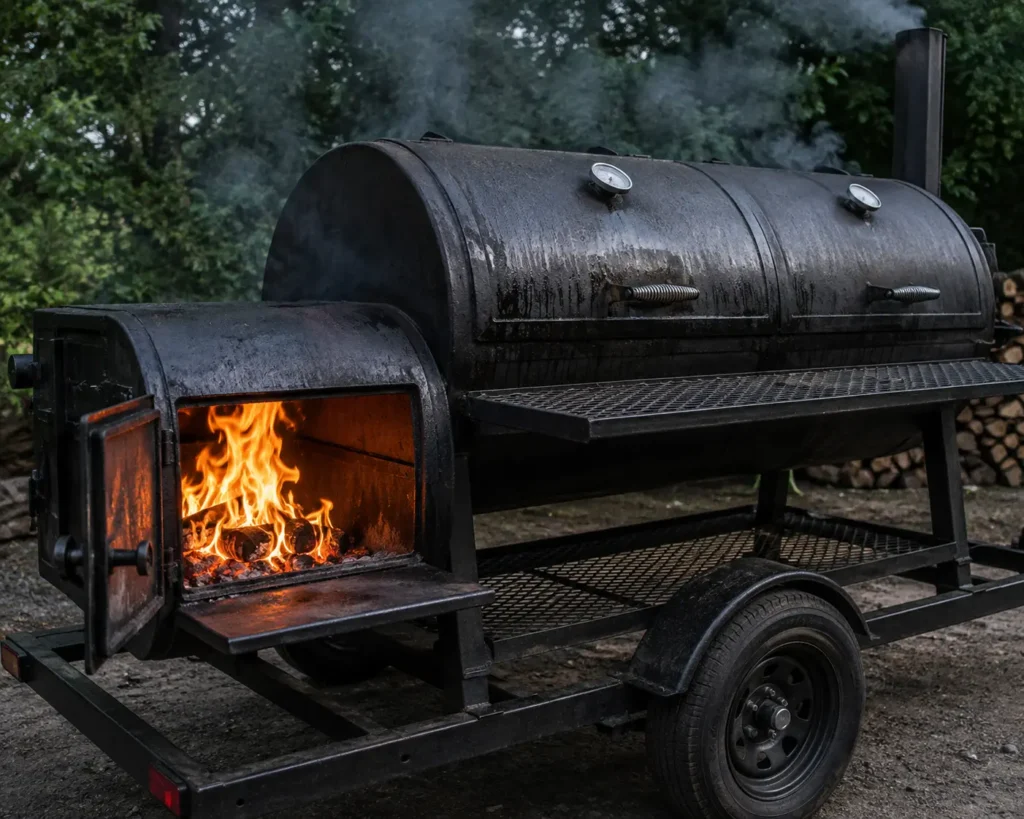 Seasoning a newly built reverse flow offset smoker with oil and fire