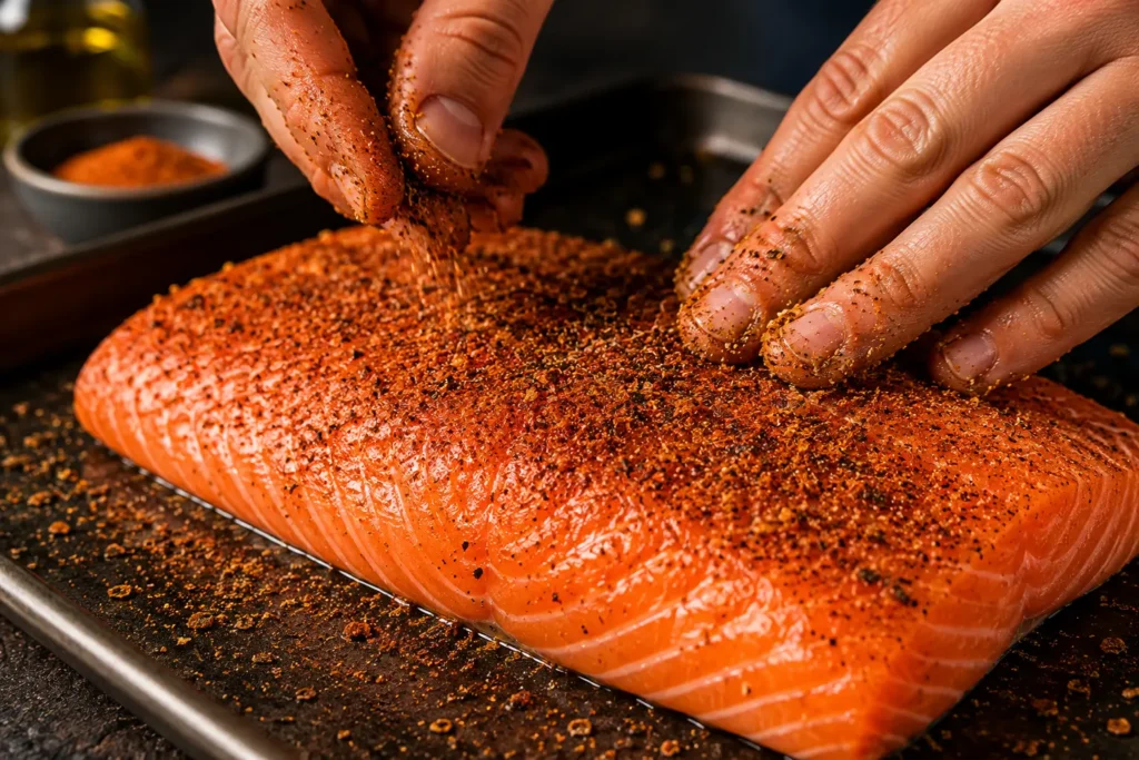 Salmon fillet being seasoned with dry rub before smoking