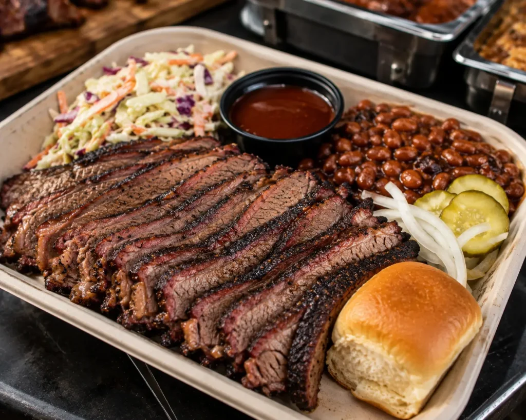 	Freshly sliced smoked brisket ready for catering service