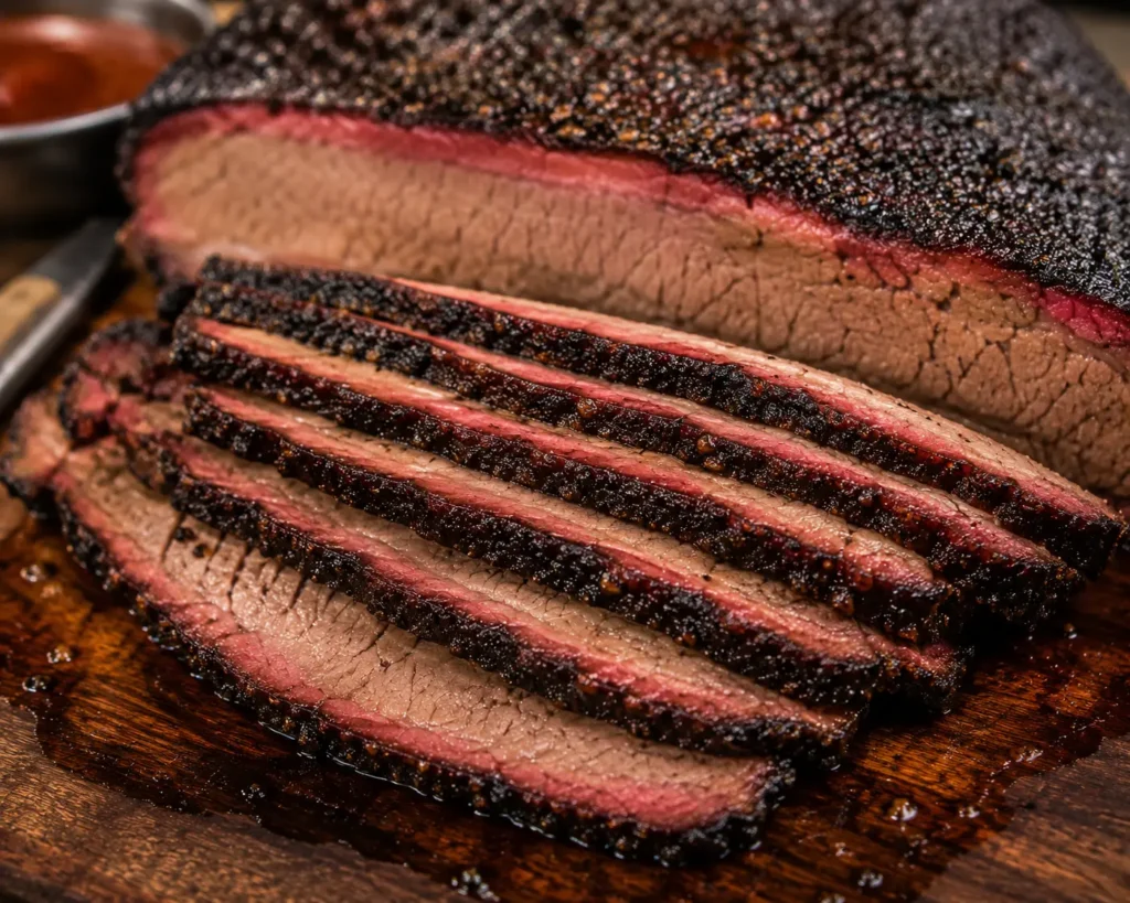 "Sliced Texas brisket showing smoke ring and tender texture"