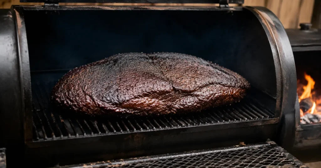 Smoked brisket cooking evenly on an offset smoker grate