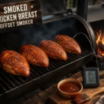 Smoked chicken breast with BBQ crust on an offset smoker grate