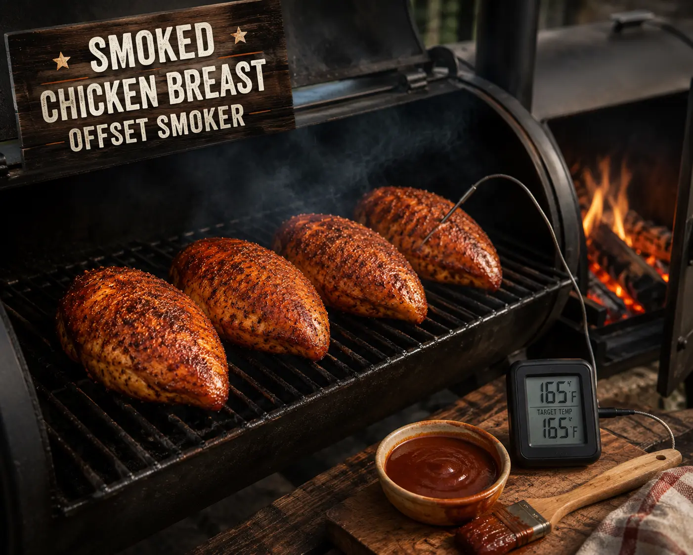 Smoked chicken breast with BBQ crust on an offset smoker grate