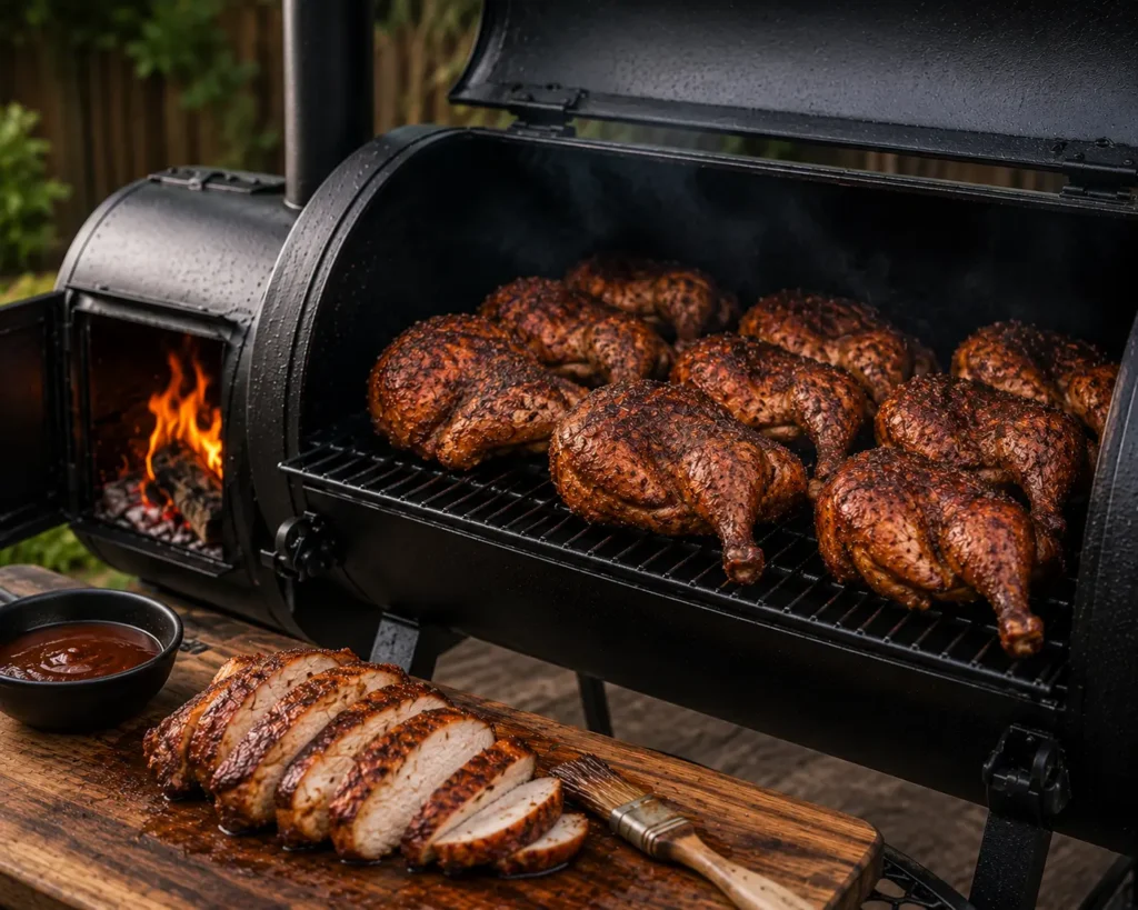 Smoked chicken breast cooked in offset smoker