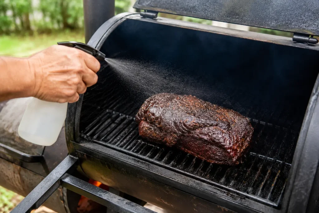 Smoked chuck roast with a dark set bark being spritzed on the smoker grate
