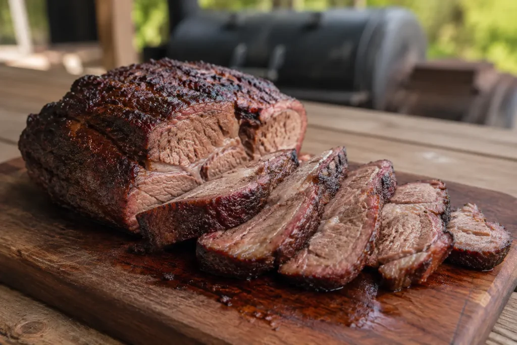 Tender smoked chuck roast sliced on a wooden cutting board showing rich smoke ring and dark bark