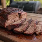 Tender smoked chuck roast sliced on a wooden cutting board showing rich smoke ring and dark bark