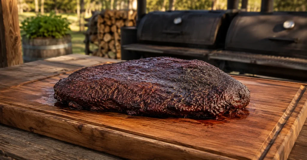 Smoked brisket resting on a cutting board before slicing