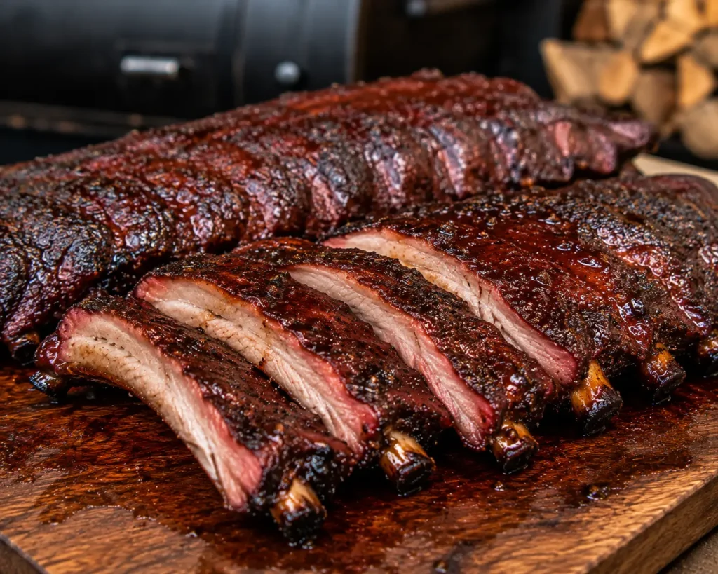 "Pork ribs cooking in offset smoker with wood smoke"