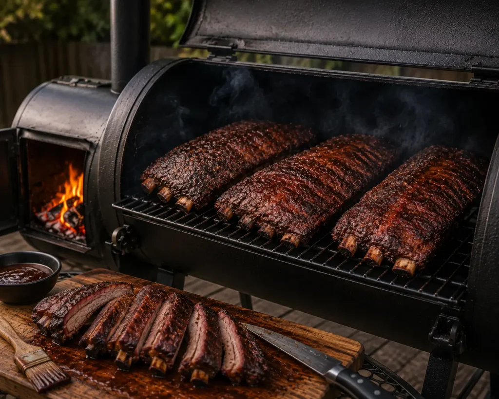 Rack of ribs smoking in an offset smoker