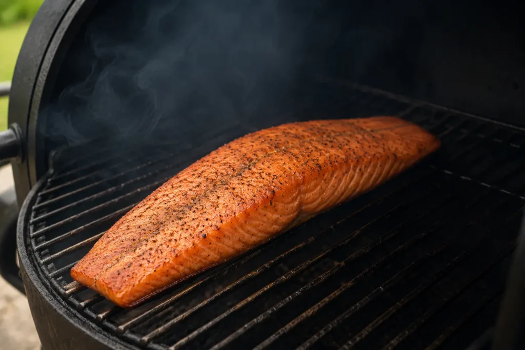Smoked salmon fillet cooking on an offset smoker